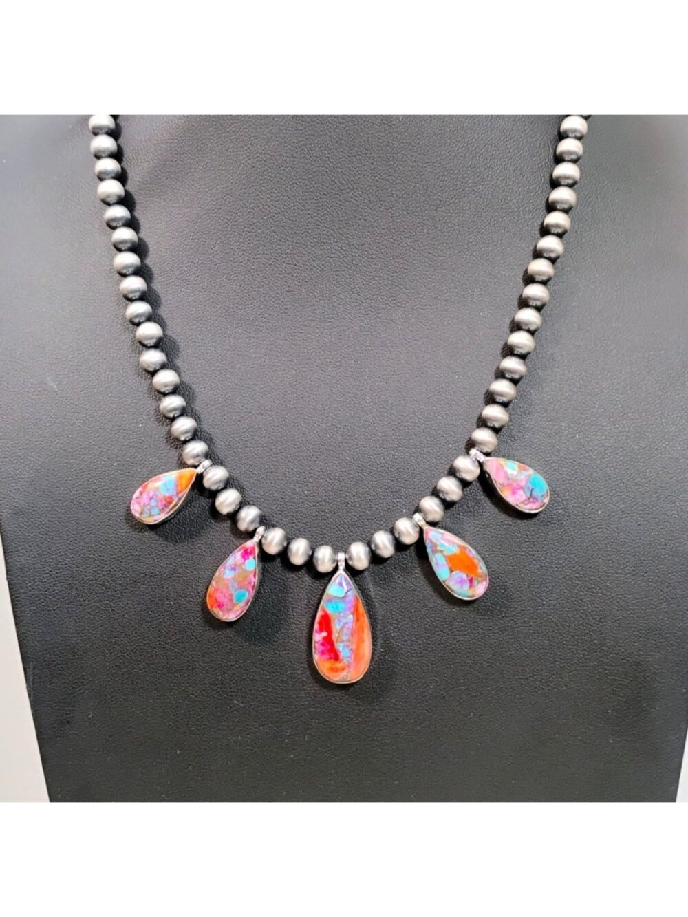Pink Dahlia Spiny Oyster Turquoise Sterling Silver Bench Bead Necklace Southwest